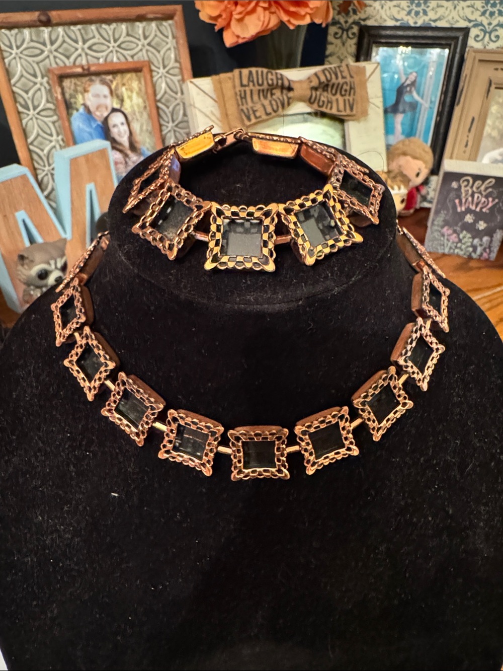 Vintage MCM Renoir Ebony Lace Shadow Box Necklace with Matching Bracelet